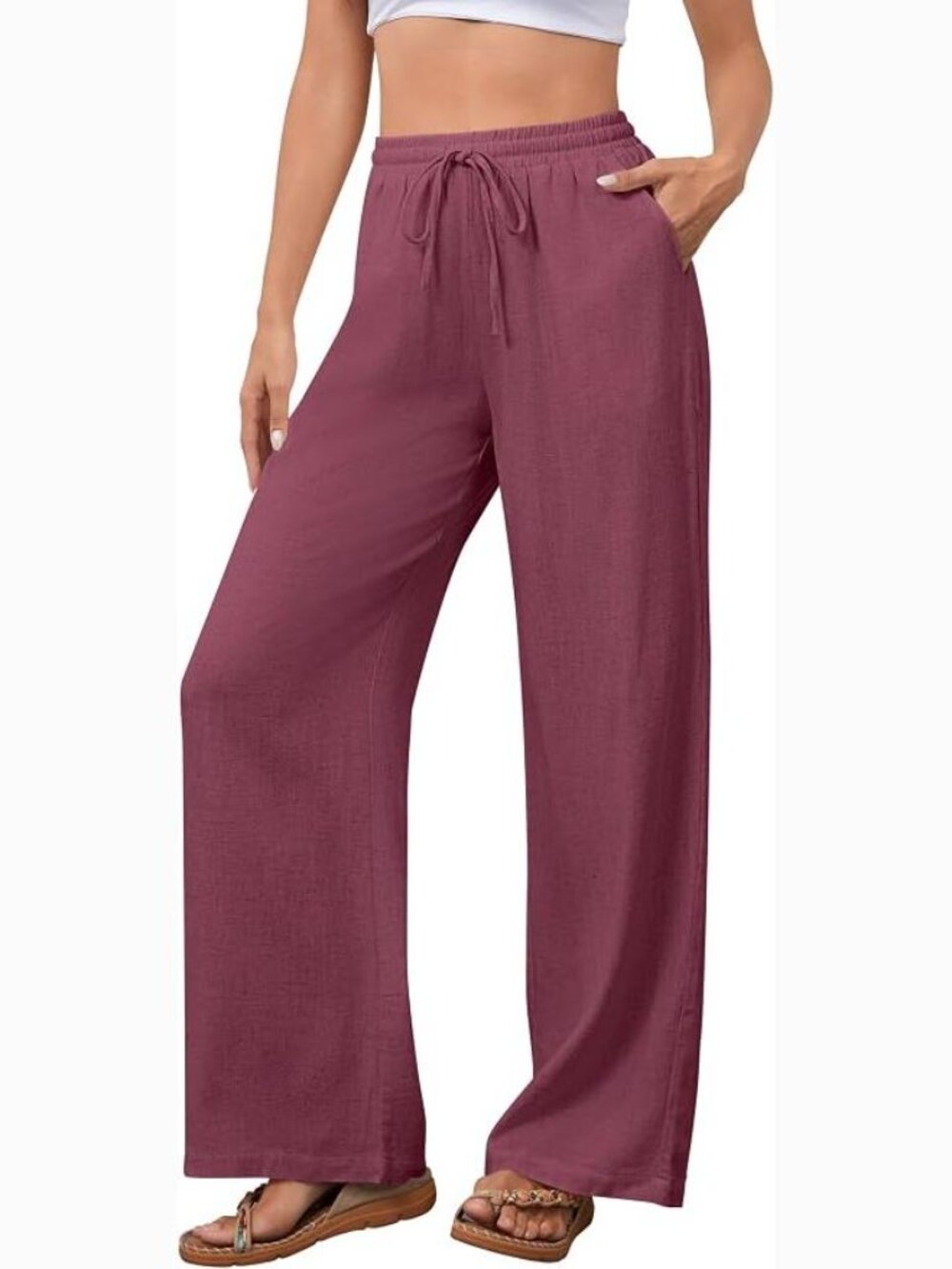 Cotton/Linen Drawstring Wide Leg Palazzo Pants with Elastic Waist and Pockets